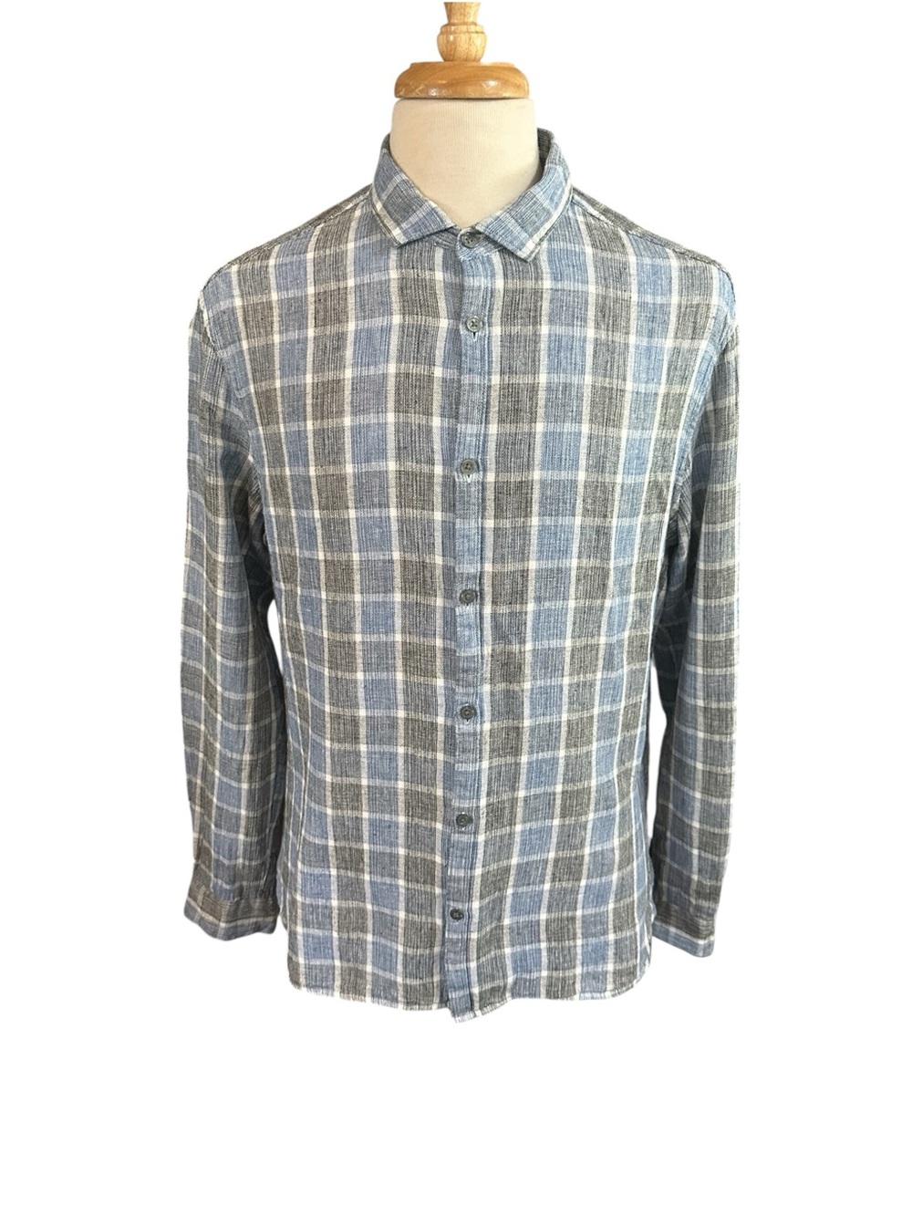 John Varvatos USA Men’s Long Sleeve Button Cotton Linen Plaid Shirt Large Blue